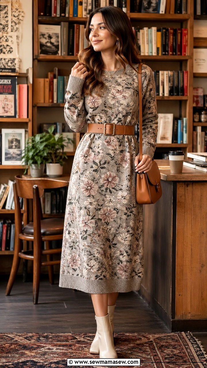 Floral Knit Midi With Ankle Boots - 30 spring midi dress outfit ideas