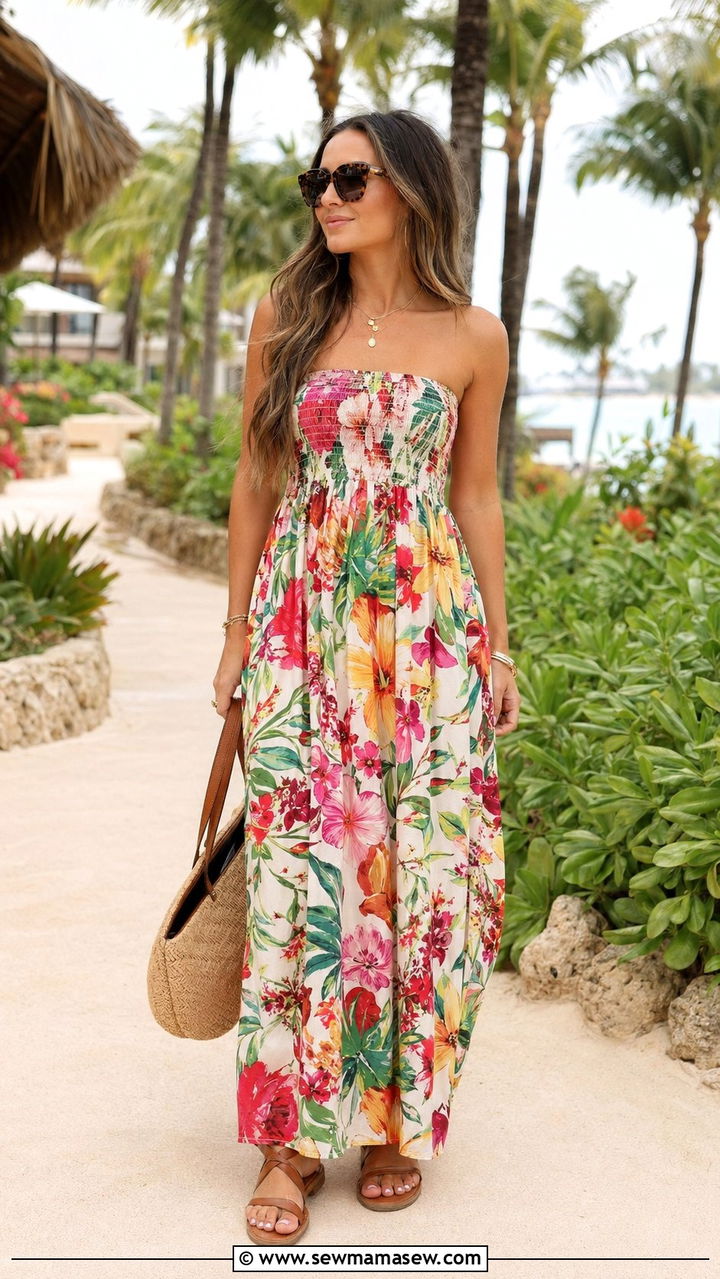Floral Maxi Dress With Brown Strappy Sandals - 30 All inclusive resort outfit ideas