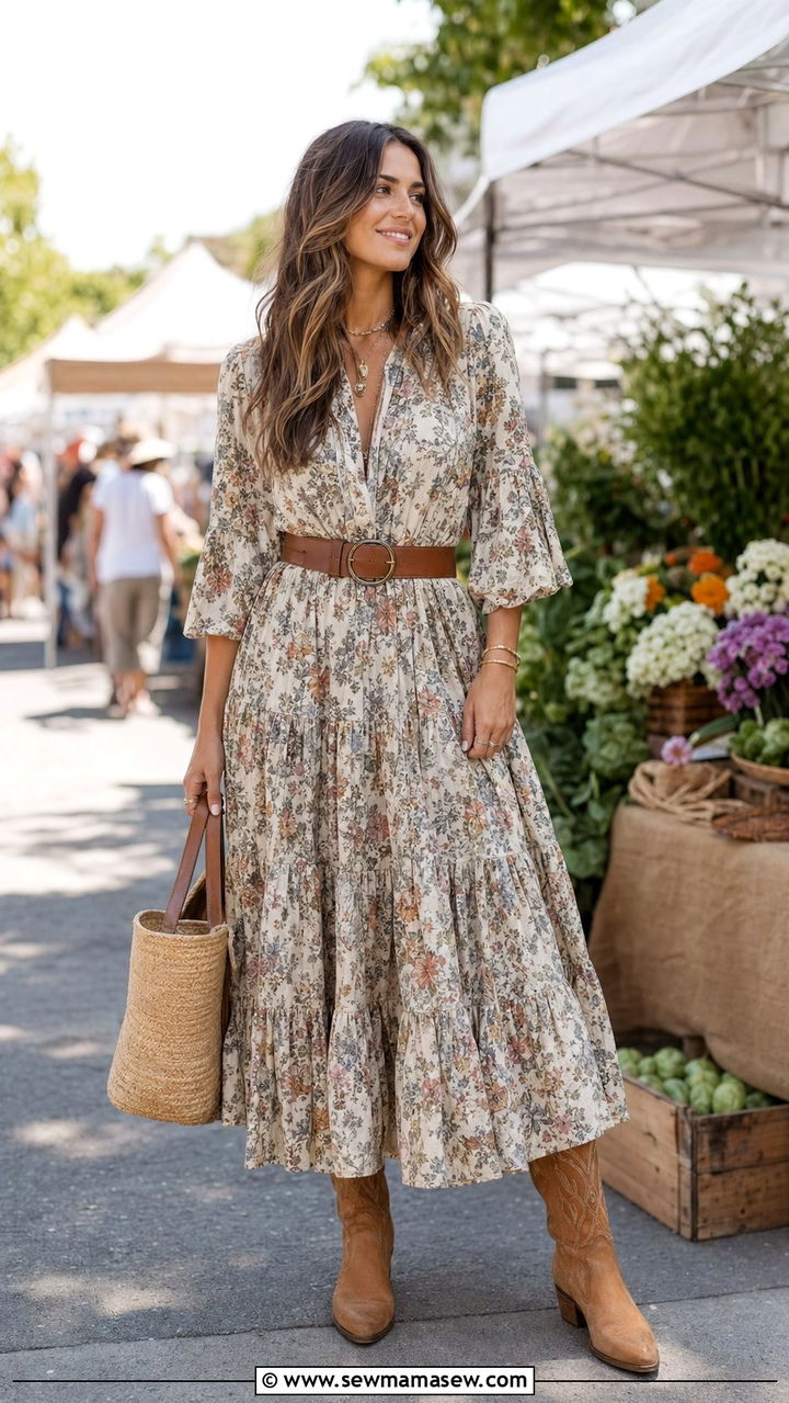 Floral Maxi Dress With Cowboy Boots Outfit Nashville - 35 Nashville outfit ideas