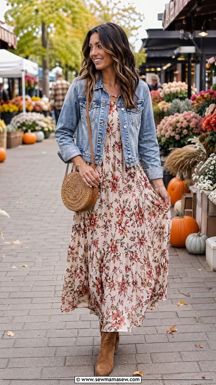Floral Maxi Dress With Cropped Denim Jacket And Suede Ankle Boots - 35 classy summer to fall outfits