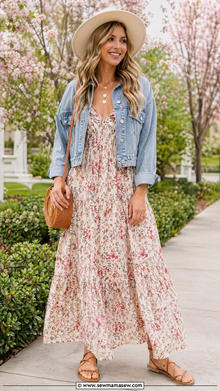 Floral Maxi Dress With Denim Jacket - 35 spring boho outfits