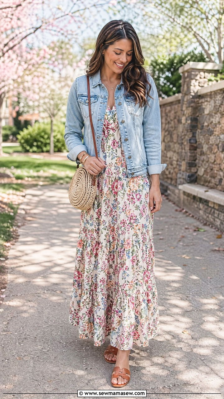 Floral Maxi Dress With Denim Jacket - 35 spring boho chic outfit ideas