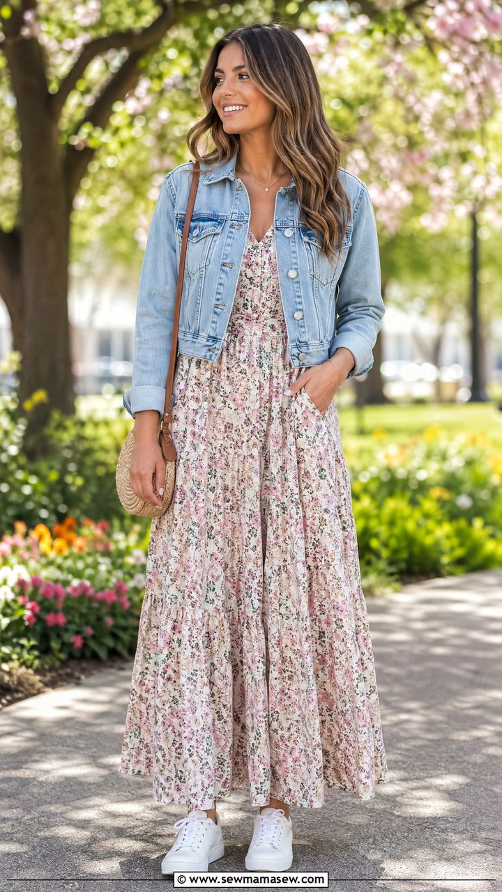 Floral Maxi Dress With Denim Jacket - 35 spring floral outfit ideas