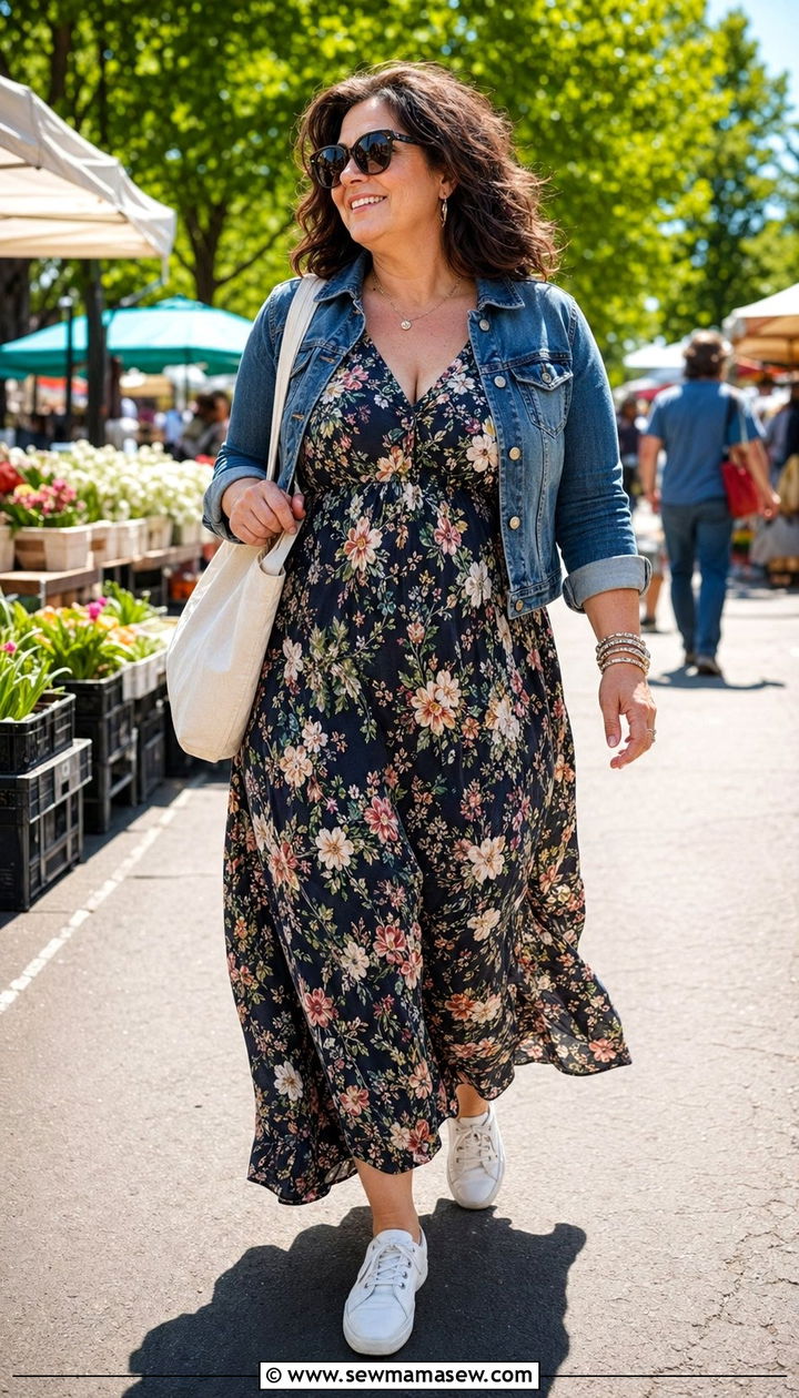 Floral Maxi Dress With Denim Jacket And Sneakers - 35 Plus size outfit ideas for women over 40