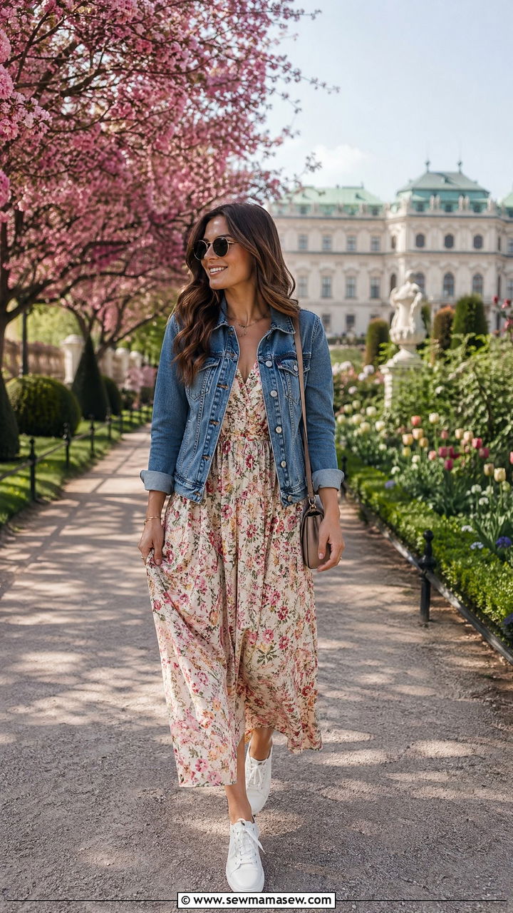 Floral Maxi Dress With Denim Jacket And White Sneakers - 35 Vienna outfit ideas