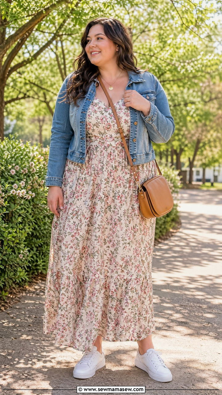 Floral Maxi Dress With Denim Jacket Outfit - 35 Spring capsule wardrobe plus size