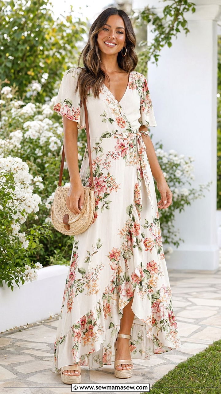 Floral Maxi Dress With Espadrilles - 30 Baby shower outfit ideas summer