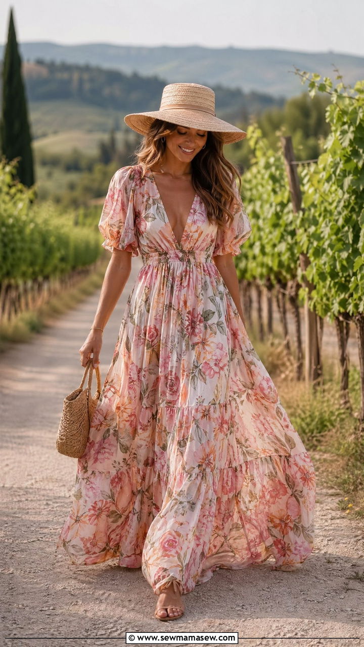 Floral Maxi Dress With Flat Sandals And Straw Hat - 35 what to wear to a bridal shower