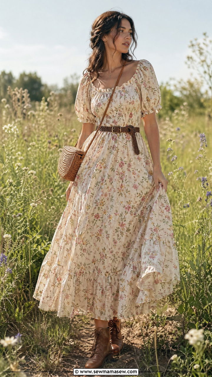 Floral Maxi Dress With Lace Up Boots - 35 cottagecore outfits for women