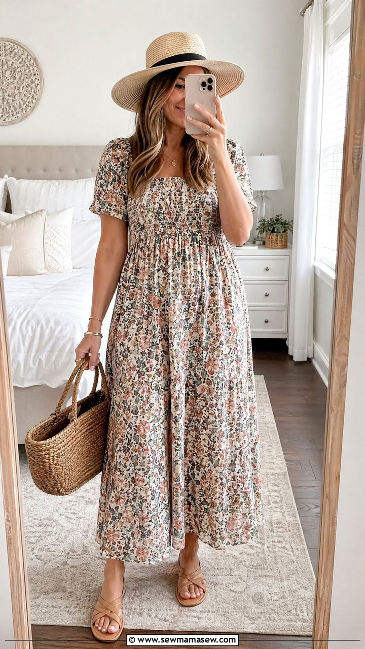 Floral Maxi Dress With Strappy Flat Sandals - 35 Summer outfits for stay at home moms