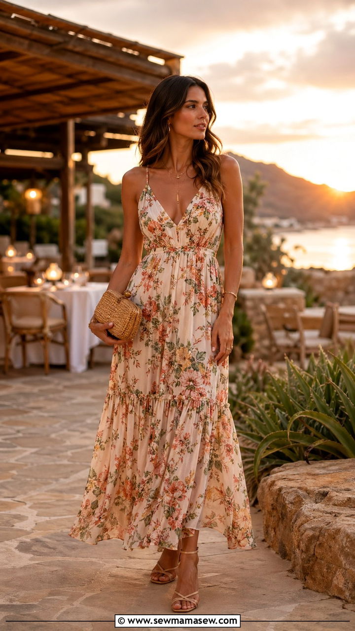 Floral Maxi Dress With Strappy Heels - 35 resort outfits for women