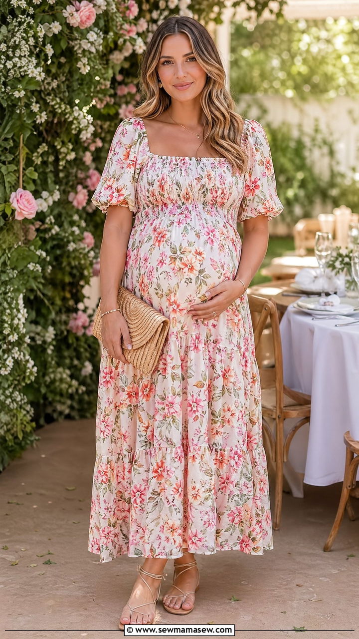 Floral Maxi Dress With Strappy Sandals - 35 Summer baby shower outfits