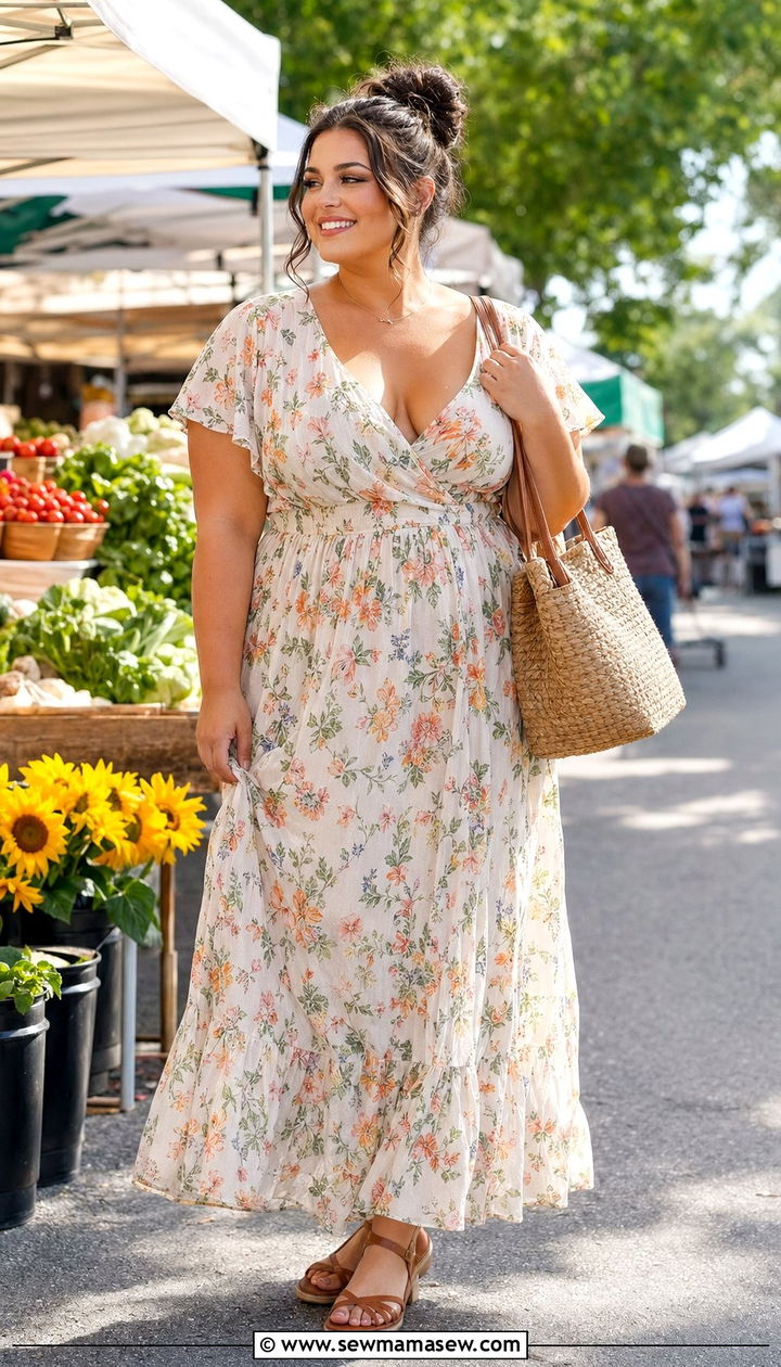 Floral Maxi Dress With Strappy Sandals - 35 Plus size summer outfits