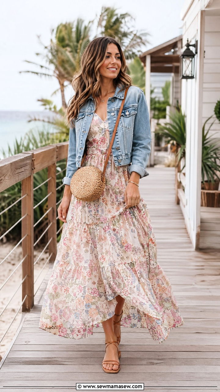 Floral Maxi Dress With Strappy Sandals And A Denim Jacket - 35 Spring weekend getaway outfits