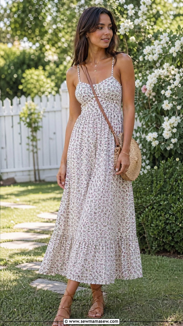 Floral Maxi Dress With Strappy Sandals And Straw Bag - 35 Summer fashion ideas