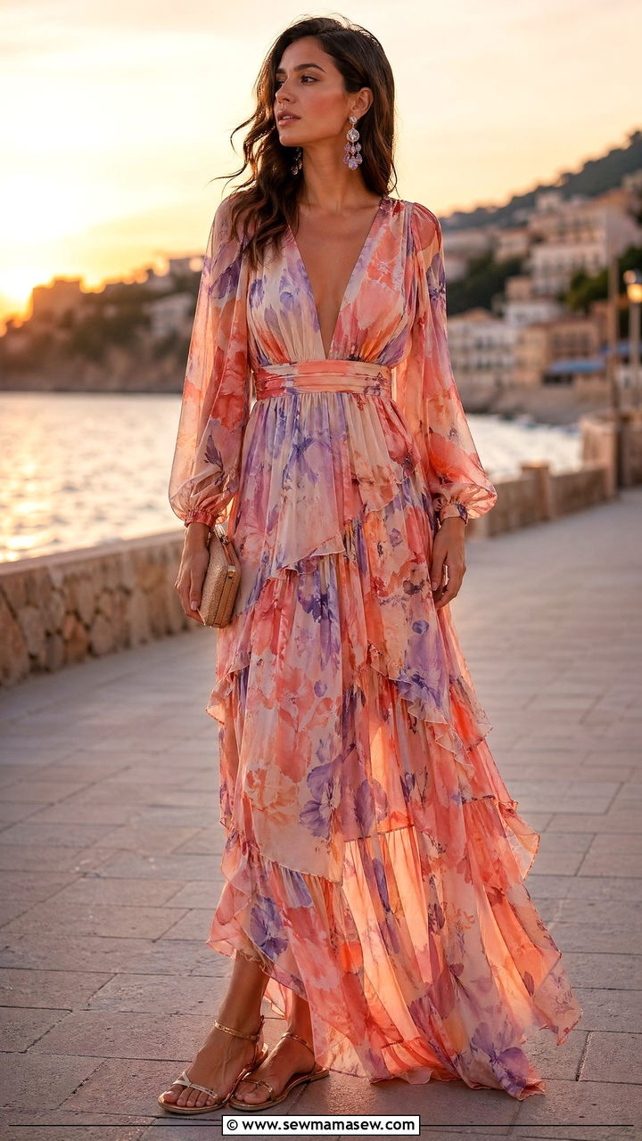 Floral Maxi Dress With Strappy Sandals Vacation Outfit - 35 vacation outfits ideas