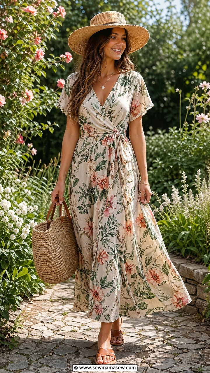 Floral Maxi Dress With Straw Accessories - 35 vacation outfits 2026