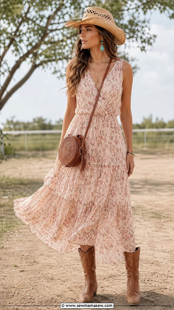 Floral Maxi Dress With Straw Cowboy Hat - 35 western outfit ideas for women