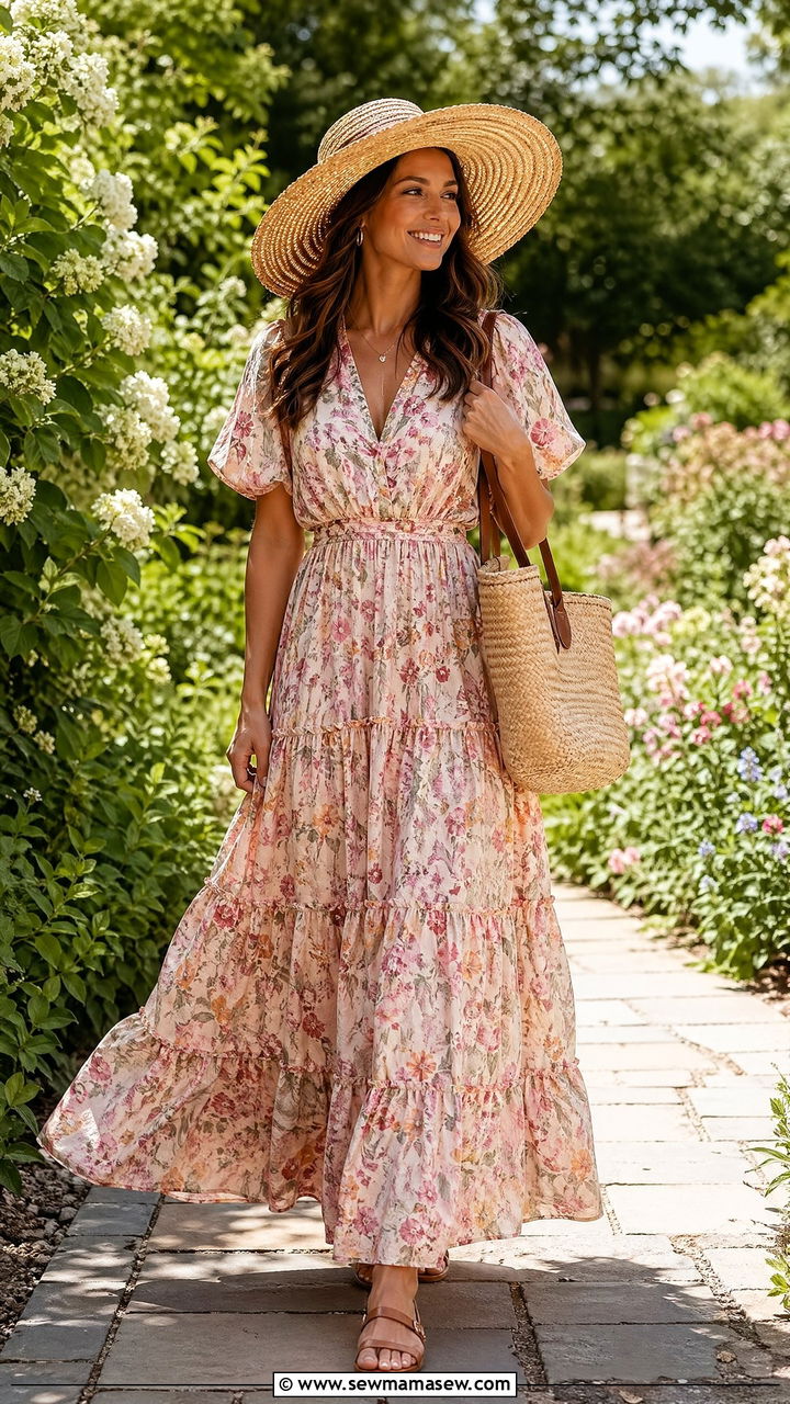 Floral Maxi Dress With Straw Hat Summer Mom Outfit - 35 Summer mom outfit ideas