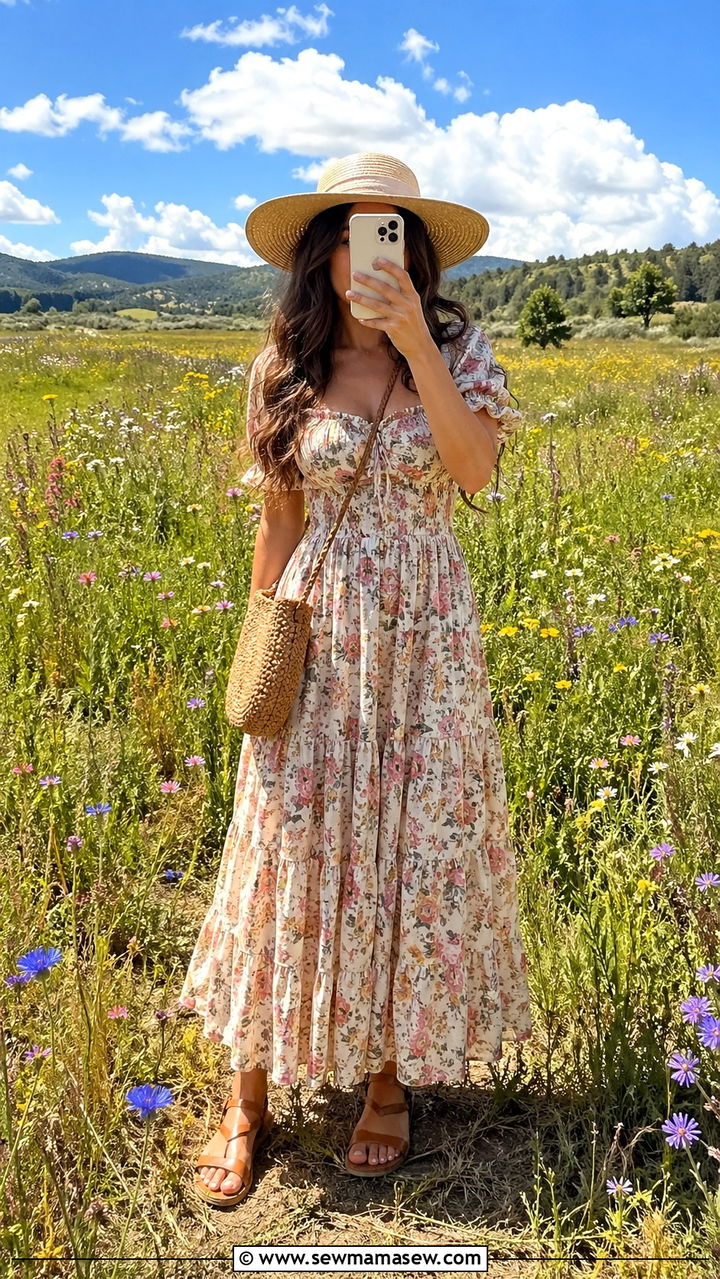 Floral Maxi Dress With Straw Sun Hat - 30 Spring flower field photoshoot outfits