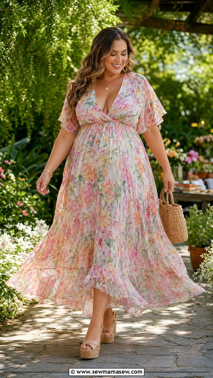 Floral Maxi Dress With Wedge Sandals - 30 Birthday outfit ideas plus size