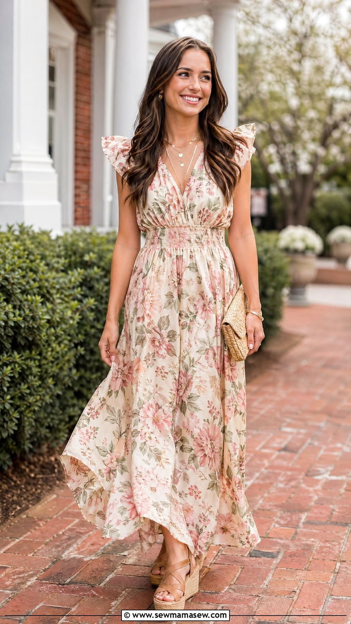 Floral Maxi Dress With Wedge Sandals For Graduation - 35 spring graduation outfit ideas