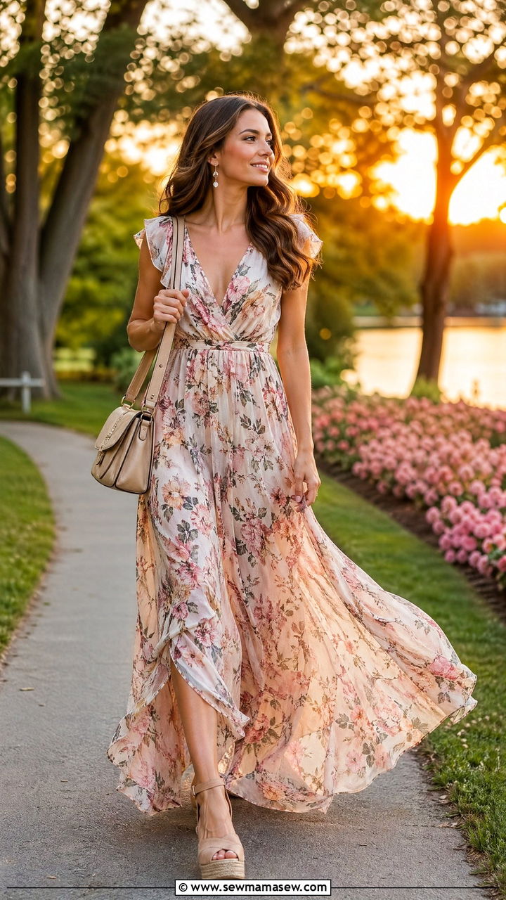 Floral Maxi Dress With Wedges - 35 What to wear for a summer picnic