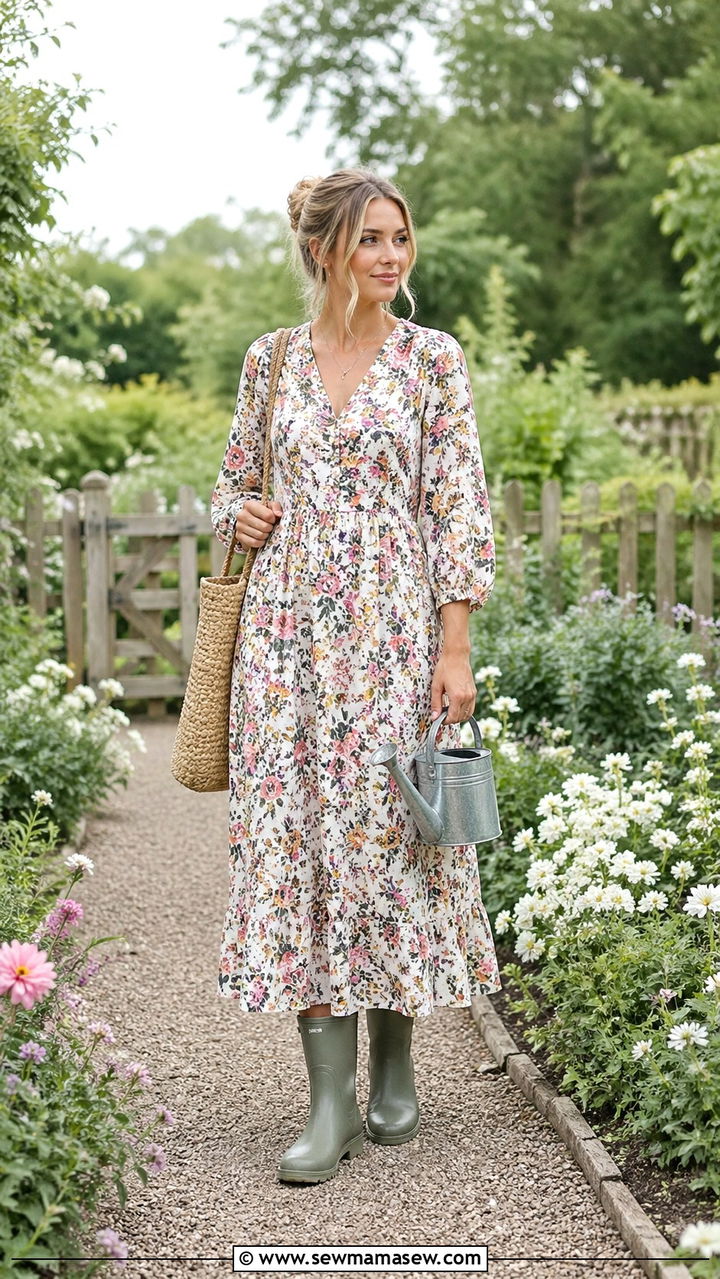 Floral Maxi Dress With Wellies And Straw Bag - 30 spring cottagecore outfits