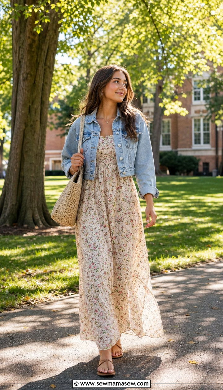Floral Maxi Dress and Cropped Denim Jacket - 30 Back to school outfit ideas college sophomore