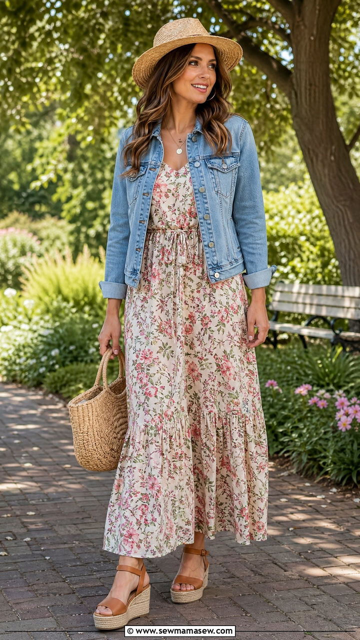 Floral Maxi Dress and Denim Jacket with Wedge Sandals - 35 Wedge sandal outfit ideas