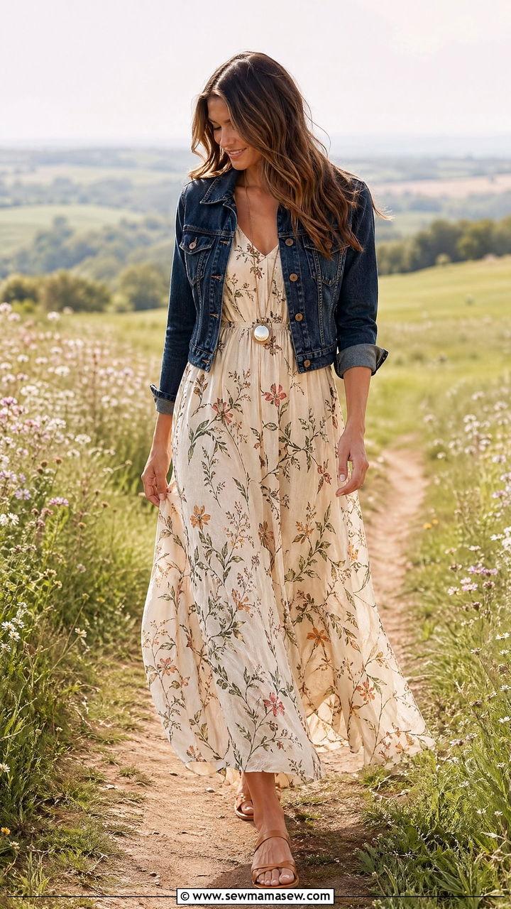 Floral Maxi Dress and Denim Jacket - 35 Classy spring outfits