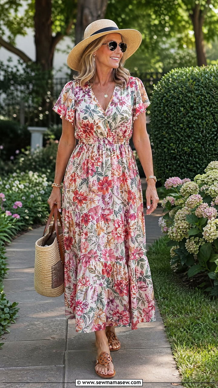 Floral Maxi Dress and Flat Sandals Outfit - 35 Summer capsule wardrobe for women over 50