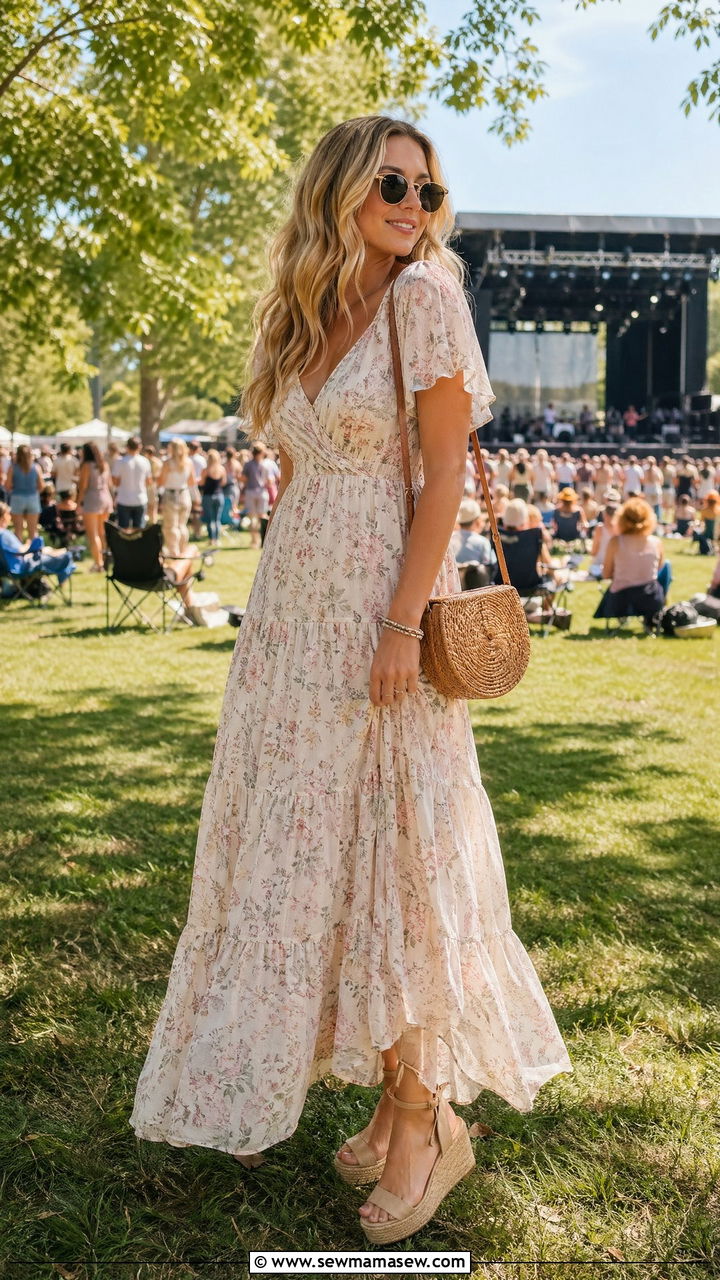 Floral Maxi Dress and Wedge Sandals Concert Outfit - 35 classy concert outfit ideas