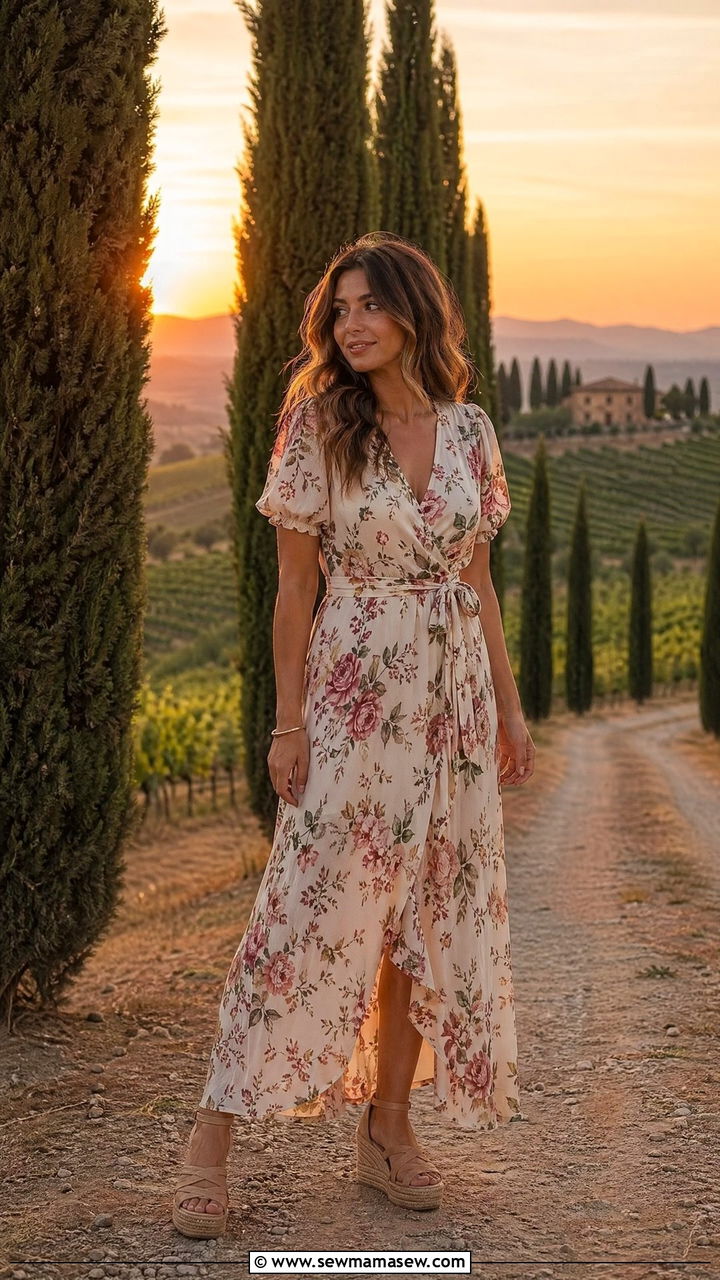 Floral Maxi Dress and Wedge Sandals - 35 Tuscany vacation outfit ideas
