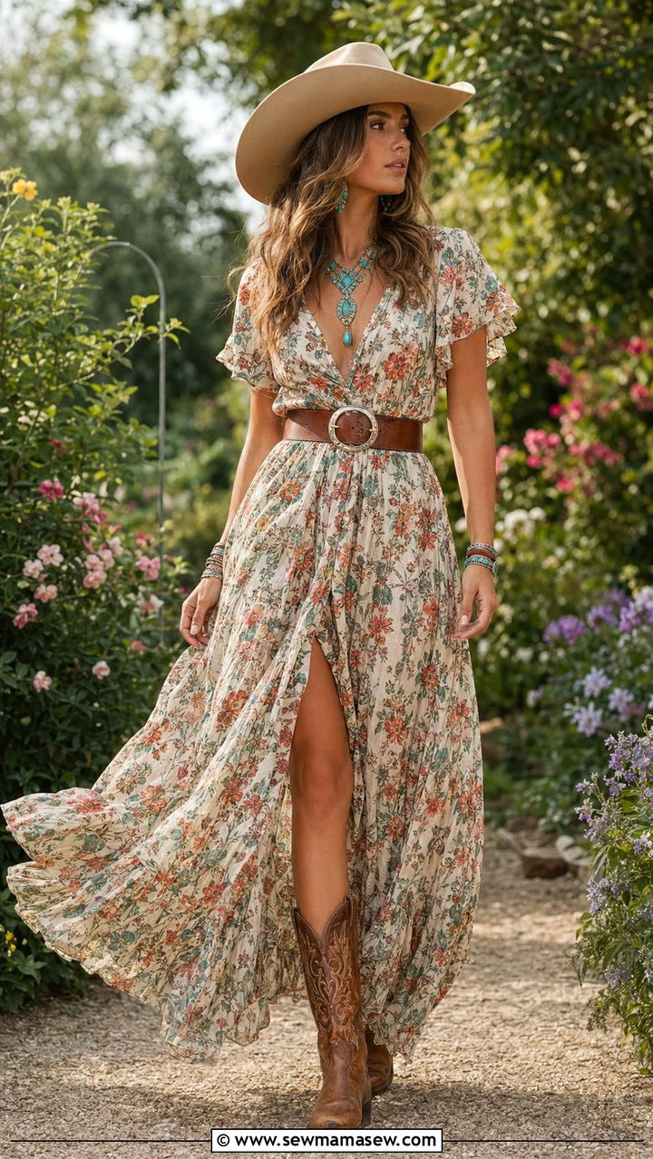 Floral Maxi Dress with Cowboy Boots and Turquoise Jewelry - 35 Rodeo outfit ideas for women
