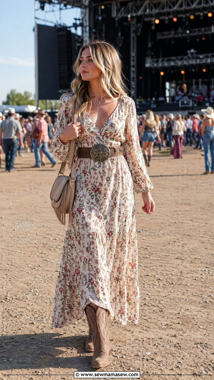 Floral Maxi Dress with Cowboy Boots - 35 spring concert outfit ideas