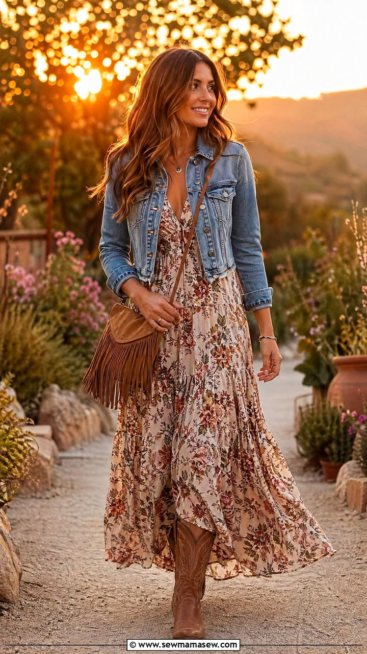 Floral Maxi Dress with Cropped Denim Jacket and Boots - 35 Western chic outfit ideas