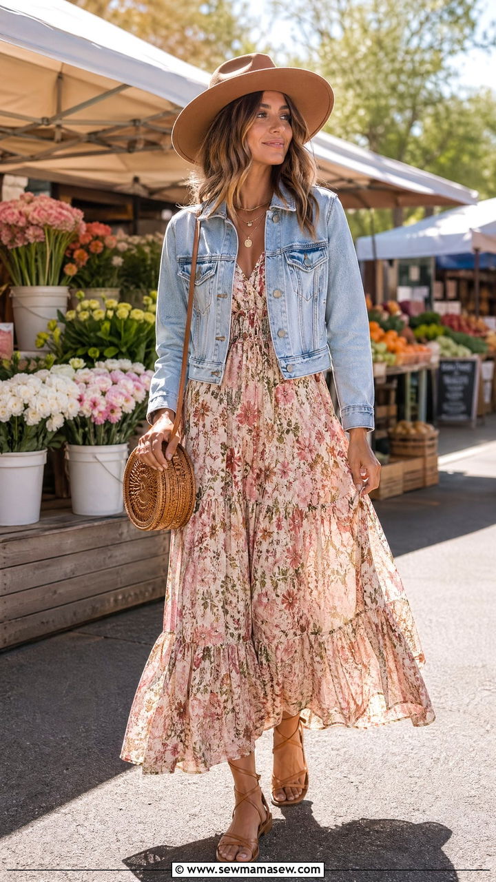 Floral Maxi Dress with Denim Jacket - 35 spring boho chic outfits