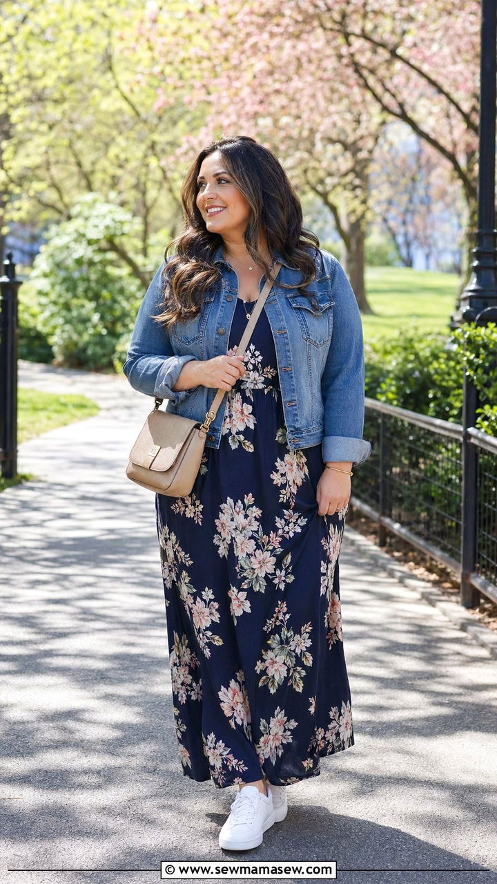 Floral Maxi Dress with Denim Jacket Plus Size - 35 Plus size outfits for women over 40