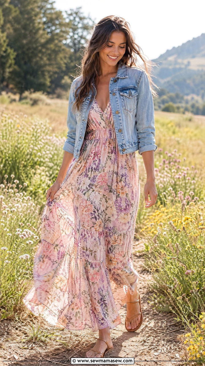 Floral Maxi Dress with Denim Jacket and Flat Sandals - 35 spring elegant outfit ideas