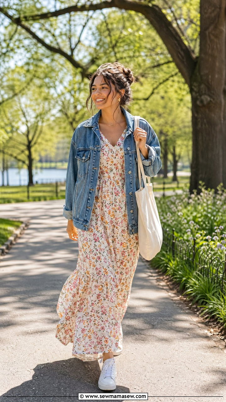 Floral Maxi Dress with Denim Jacket and White Sneakers - 35 classy spring to summer outfits
