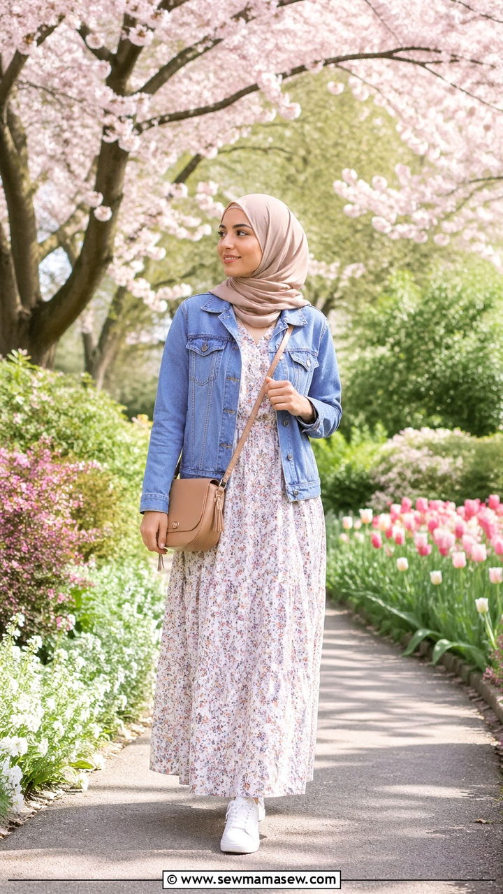 Floral Maxi Dress with Denim Jacket - 30 spring modest outfit ideas