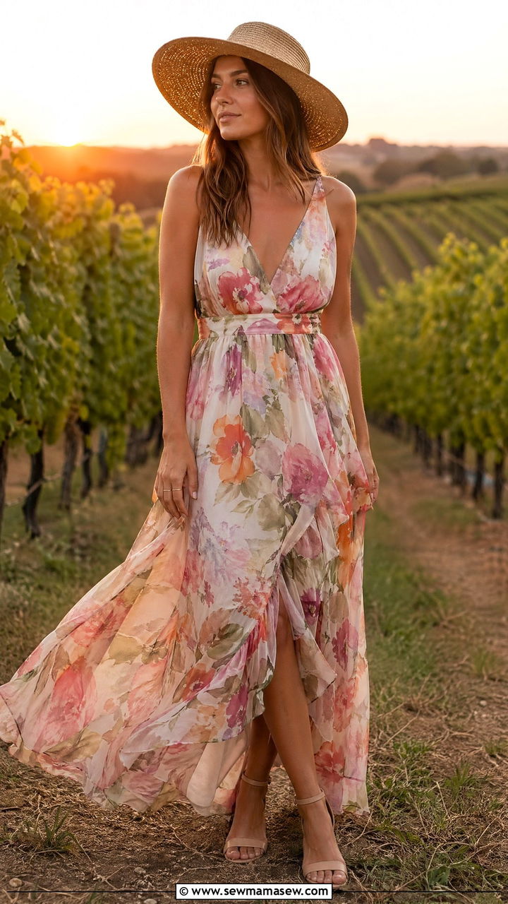 Floral Maxi Dress with Flat Ankle Strap Sandals - 35 casual summer wedding guest outfits