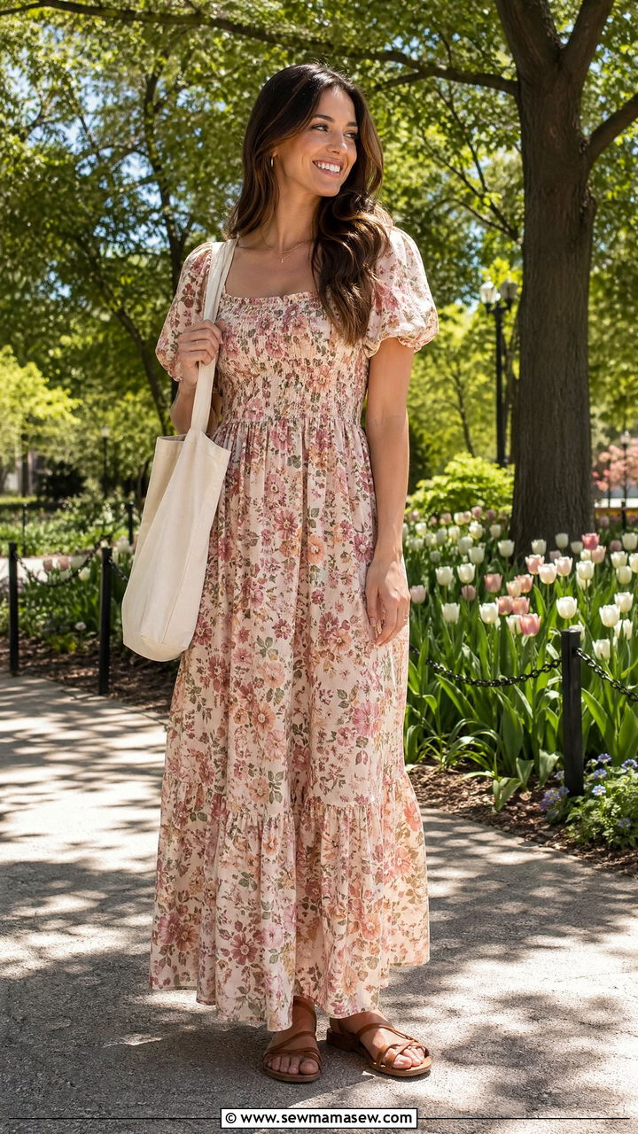 Floral Maxi Dress with Flat Sandals - 35 spring bridal shower outfit ideas