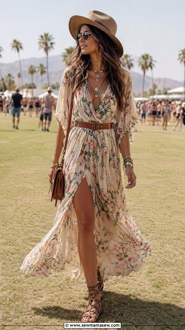 Floral Maxi Dress with Gladiator Sandals - 35 Coachella outfits for women