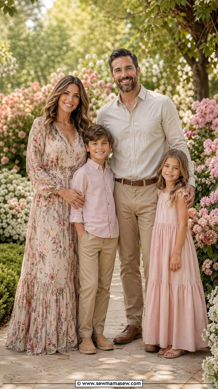 Floral Maxi Dress with Khaki Pants Family Outfits - 35 summer family photo outfit ideas