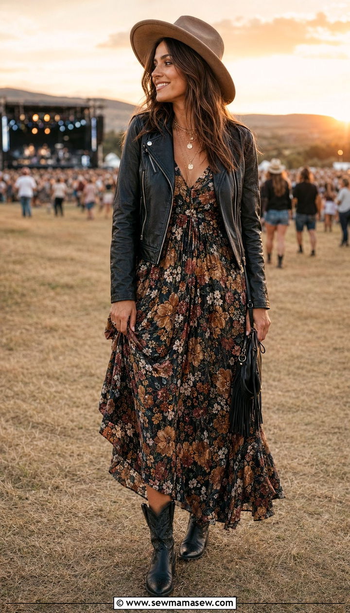 Floral Maxi Dress with Leather Jacket and Boots - 30 Western concert outfit ideas