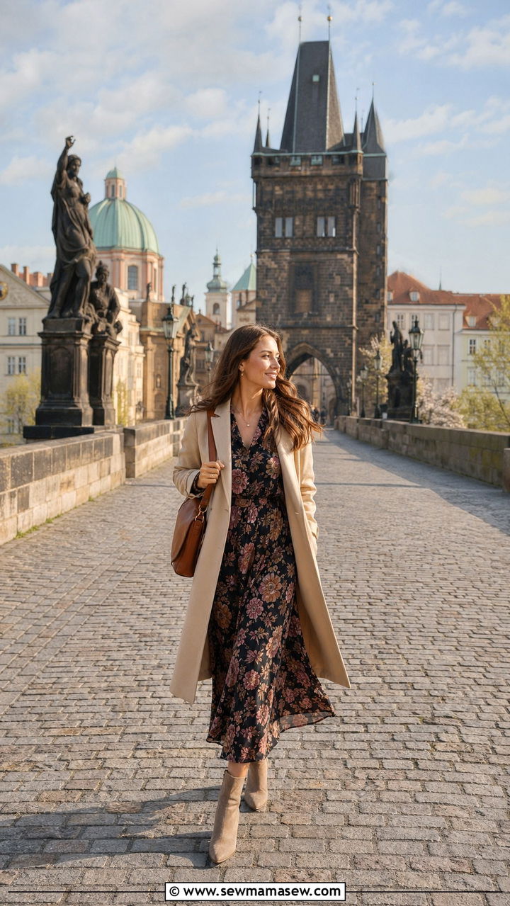 Floral Maxi Dress with Longline Coat and Ankle Boots - 30 spring europe travel outfit ideas