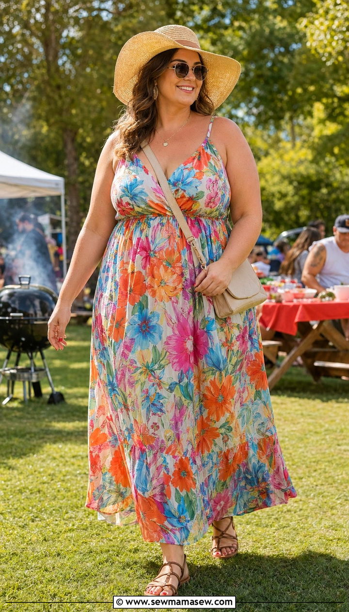 Floral Maxi Dress with Sandals - 35 Plus size mom outfit ideas