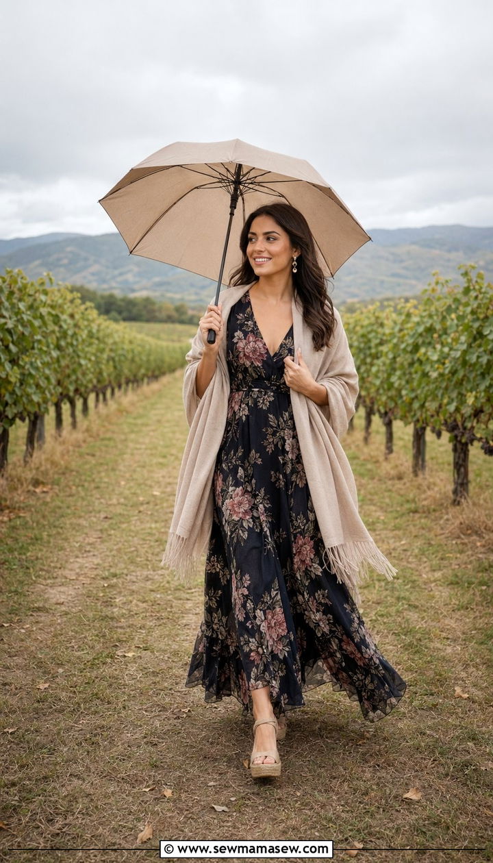 Floral Maxi Dress with Shawl for Wedding - 30 Wedding guest outfits for rainy weather
